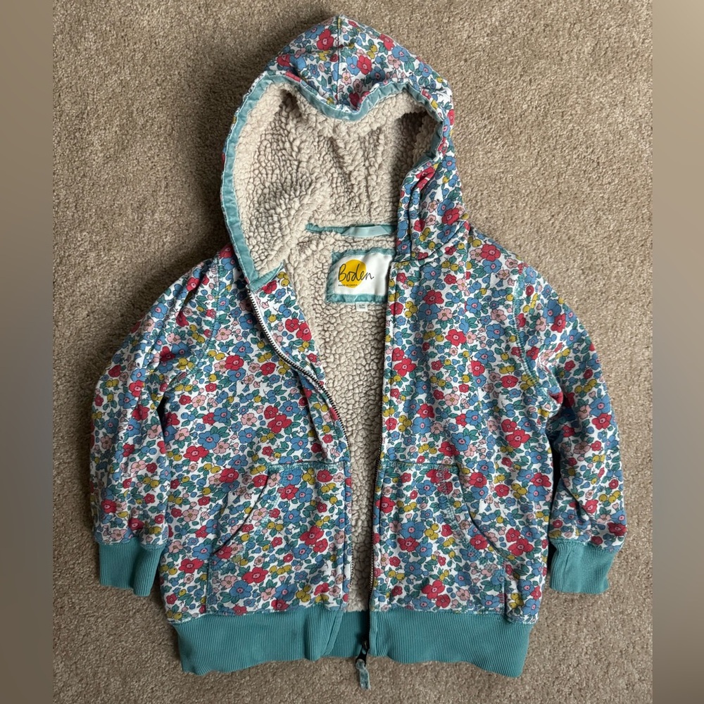 Boden Kids Cozy Sherpa Floral Full Zip Hoodie 6-7Y